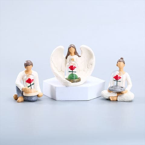 New Design Romantic Resin Hand-Painted Angel Sculpture Home Decoration Ornament with Red Rose