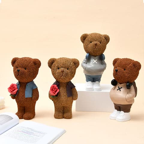 Sweet Bear with Rose Resin Figurine Cute Romantic Desk Decor Kawaii Home Office Accent Whimsical Gift