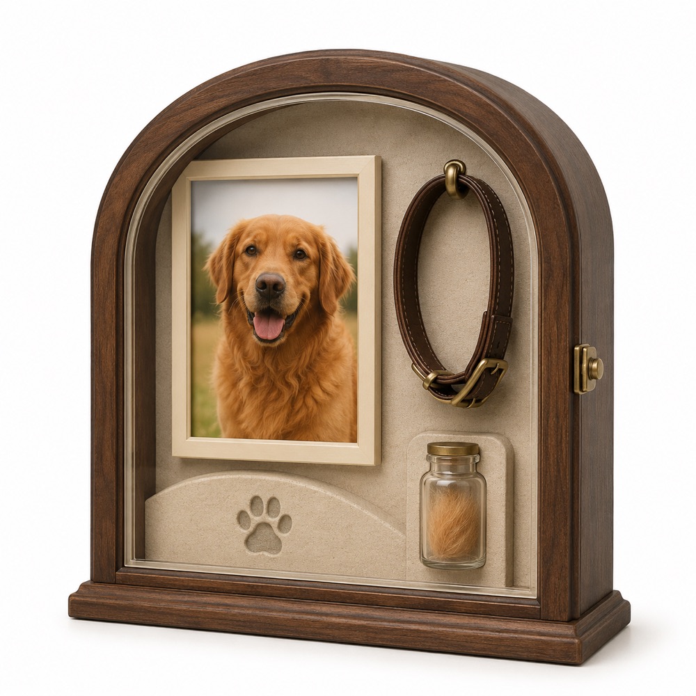Wooden pet shadow box memorial frame with photo, collar, and fur keepsake vial